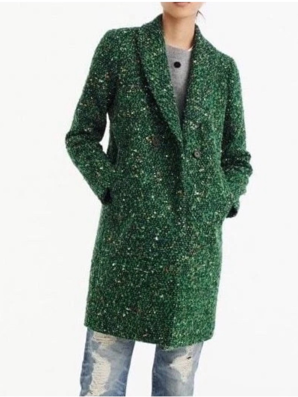 Women's J CREW Daphne Green Tweed Boucle Top Coat Old Money Blogger Fave Size 6